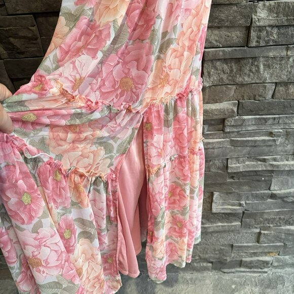 Altar’d State Tiered Maxi Floral Pink Dress Size Large NWT Coquette Slit Flowy - Picture 6 of 16